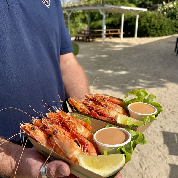 Northerlies staff member holding two trays of prawns